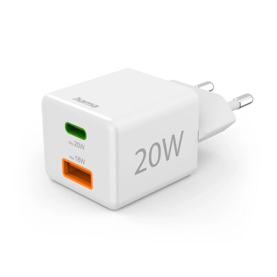 Hama 201991 Schnellladegerät, 1x USB-C PD, 1x USB-A QC, Mini-Ladegerät, 20 W, Weiß