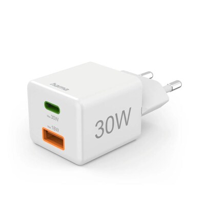 Hama 00201992 Schnellladegerät, 1x USB-C PD, 1x USB-A QC, Mini-Ladegerät, 30 W, Weiß