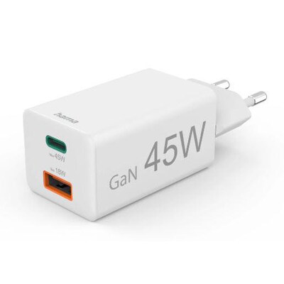 Hama 00201993 Schnellladegerät, 1x USB-C PD, 1x USB-A QC, Mini-Ladegerät, 45 W, Weiß