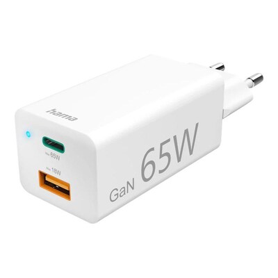 Hama 00125130 Schnellladegerät, GaN, 1x USB-C PD, 1x USB-A QC, Mini-Ladegerät, 65 W, Weiß